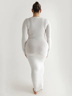 Ribbed Knit Square Neck Long Sleeve Bodycon Maxi Dress