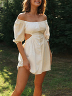 Off Shoulder Puff Sleeve Side Cutout Waist Linen Blend Mini Dress