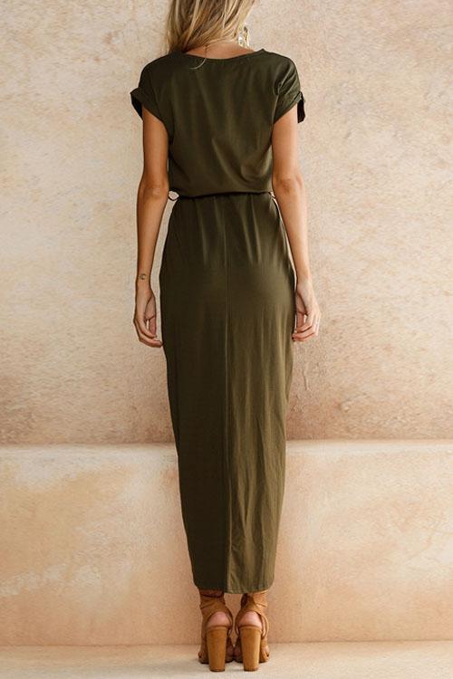 Short Sleeve Tie Waist Slit Midi Dress
