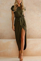 Short Sleeve Tie Waist Slit Midi Dress