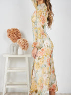 Floral Print Deep V-Neck Lantern Sleeve Lace Trim Waist Maxi Dress
