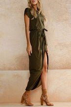 Short Sleeve Tie Waist Slit Midi Dress