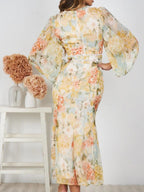 Floral Print Deep V-Neck Crochet Trim Balloon Sleeve Midi Dress
