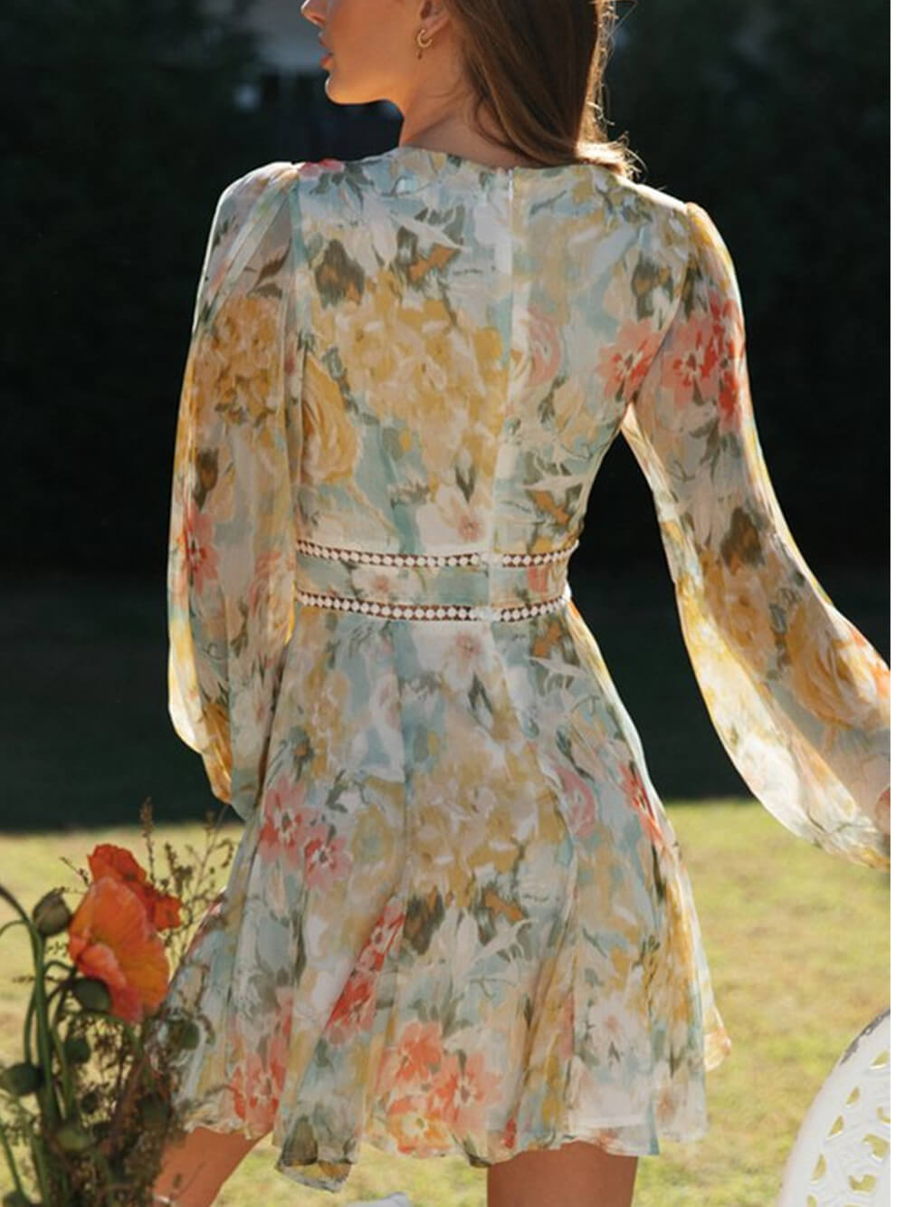 Floral Print Crochet Trim Deep V-Neck Balloon Sleeve Mini Dress