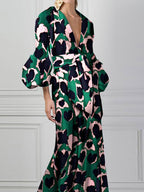 Deep V-Neck Long Lantern Sleeve Tie Waist Abstract Print Maxi Dress