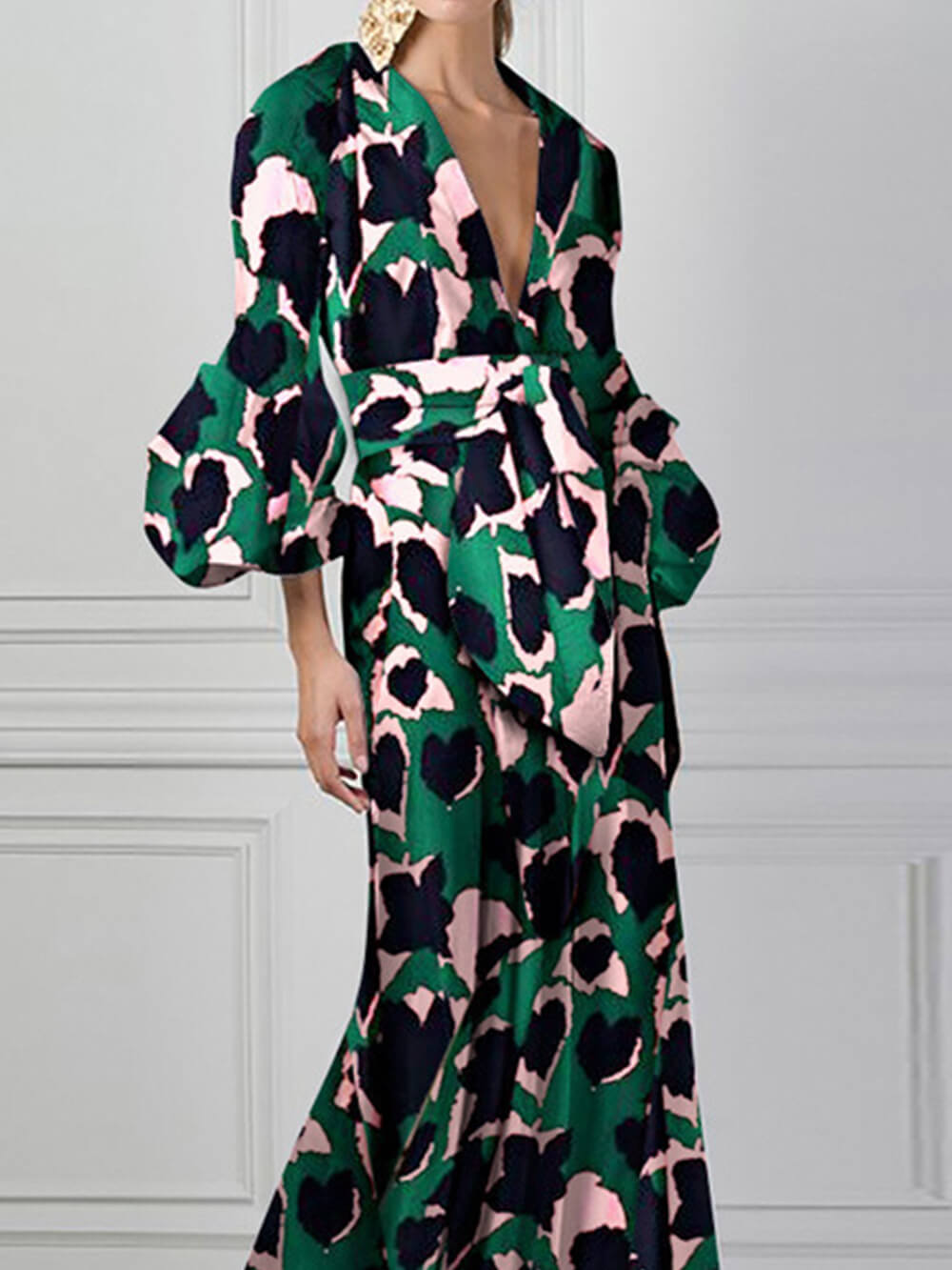 Deep V-Neck Long Lantern Sleeve Tie Waist Abstract Print Maxi Dress