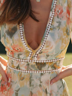 Floral Print Crochet Trim Deep V-Neck Balloon Sleeve Mini Dress