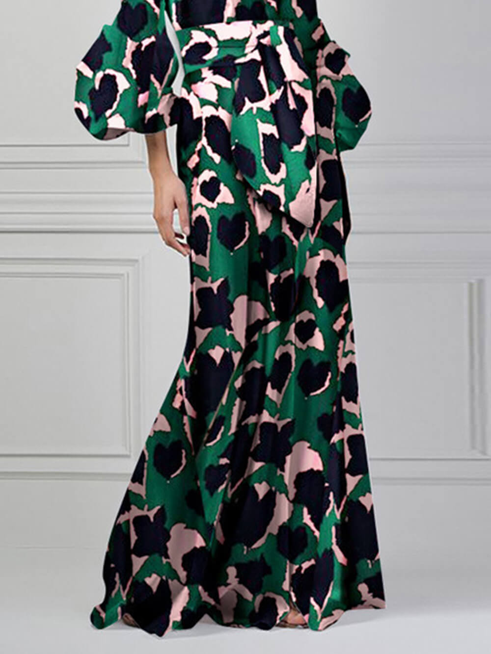 Deep V-Neck Long Lantern Sleeve Tie Waist Abstract Print Maxi Dress
