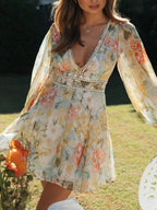 Floral Print Crochet Trim Deep V-Neck Balloon Sleeve Mini Dress