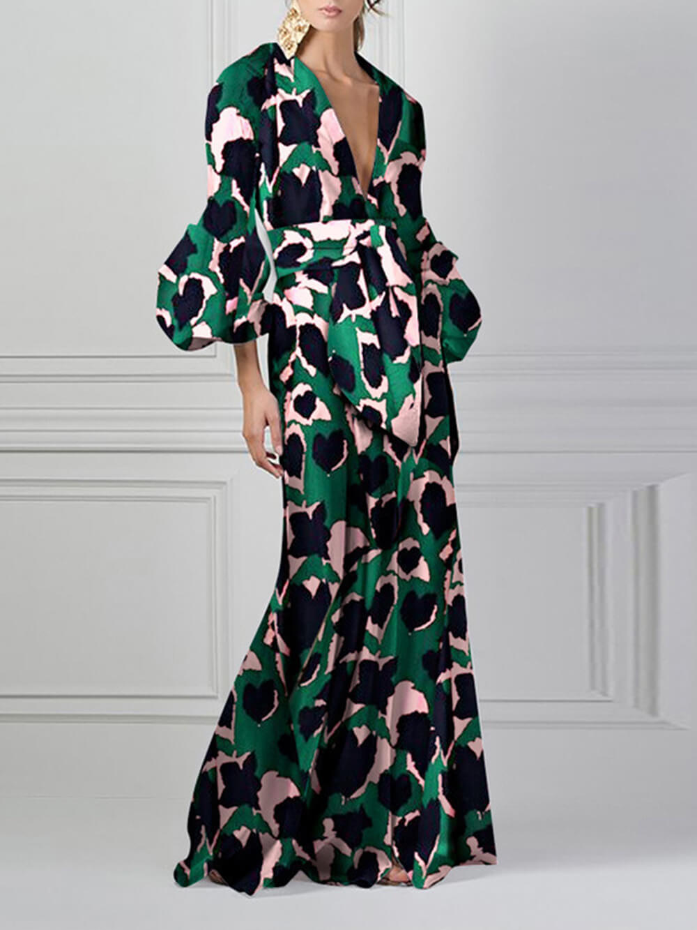 Deep V-Neck Long Lantern Sleeve Tie Waist Abstract Print Maxi Dress