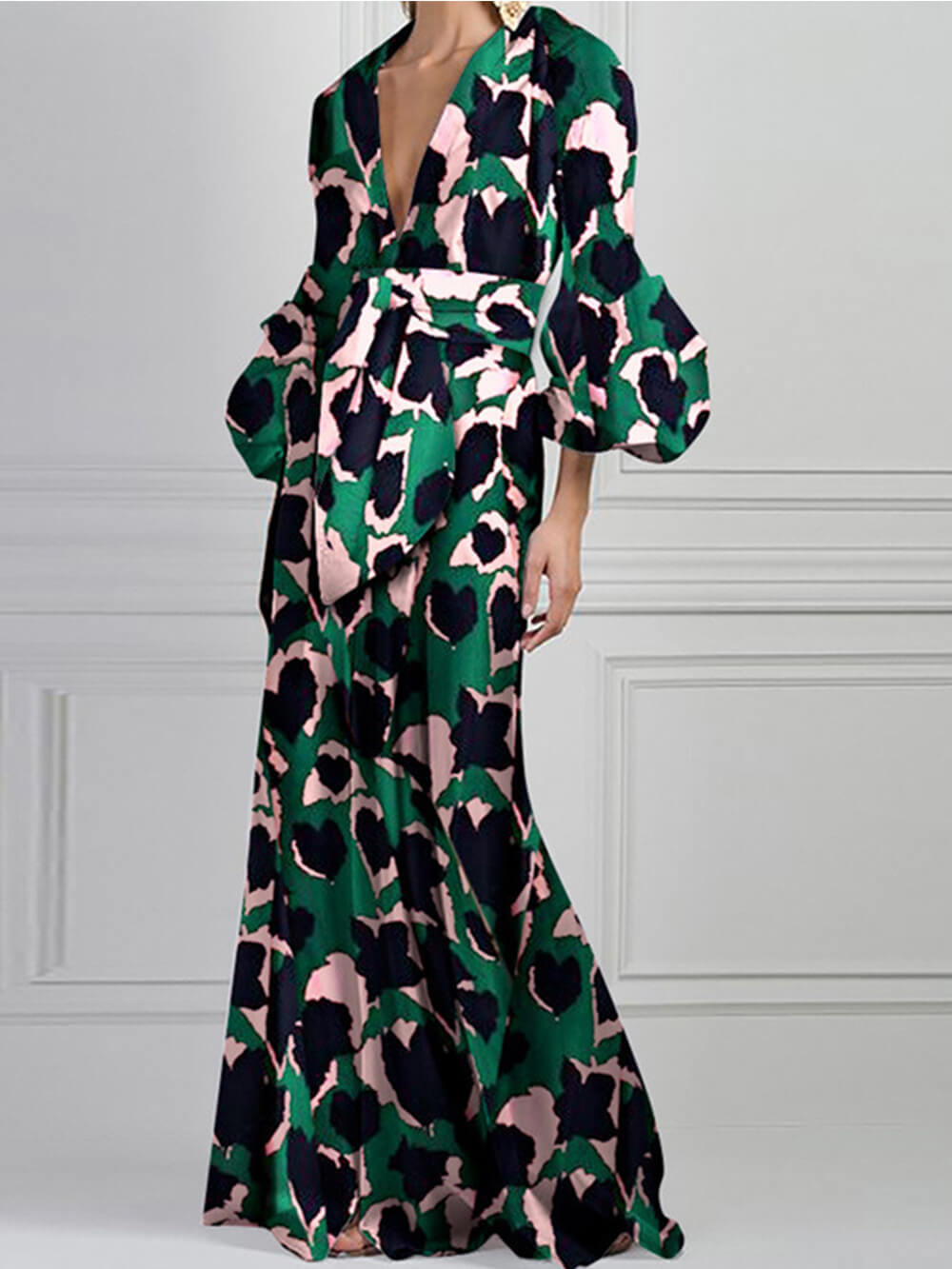 Deep V-Neck Long Lantern Sleeve Tie Waist Abstract Print Maxi Dress