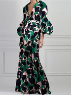 Deep V-Neck Long Lantern Sleeve Tie Waist Abstract Print Maxi Dress