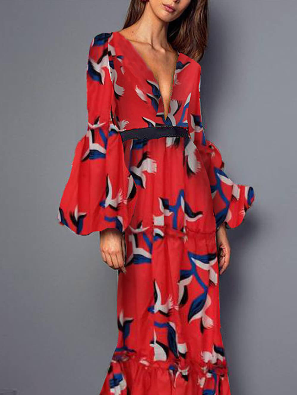 Deep V-Neck Bird Print Tiered Puff Sleeve Belted Maxi Dress