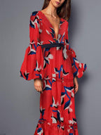 Deep V-Neck Bird Print Tiered Puff Sleeve Belted Maxi Dress