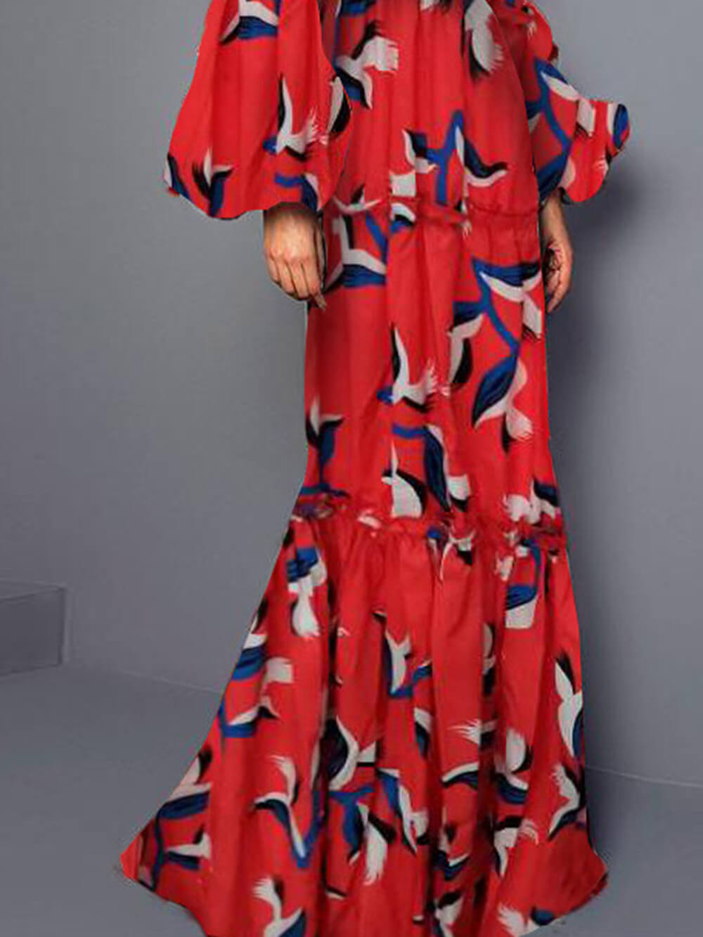 Deep V-Neck Bird Print Tiered Puff Sleeve Belted Maxi Dress