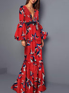 Deep V-Neck Bird Print Tiered Puff Sleeve Belted Maxi Dress