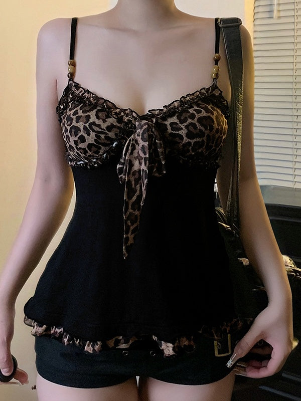 Black Leopard Print Color-blocked Mesh A-line Camisole