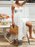 Spaghetti Strap Lace Inset Tiered Ruffle Hem Boho Maxi Dress