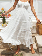Spaghetti Strap Lace Inset Tiered Ruffle Hem Boho Maxi Dress