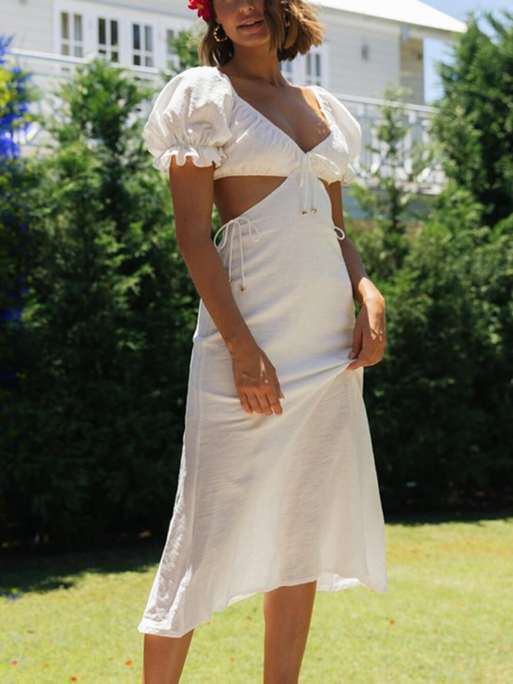 Sweetheart Tie Front Puff Sleeve Side Cutout Waist Midi Dress