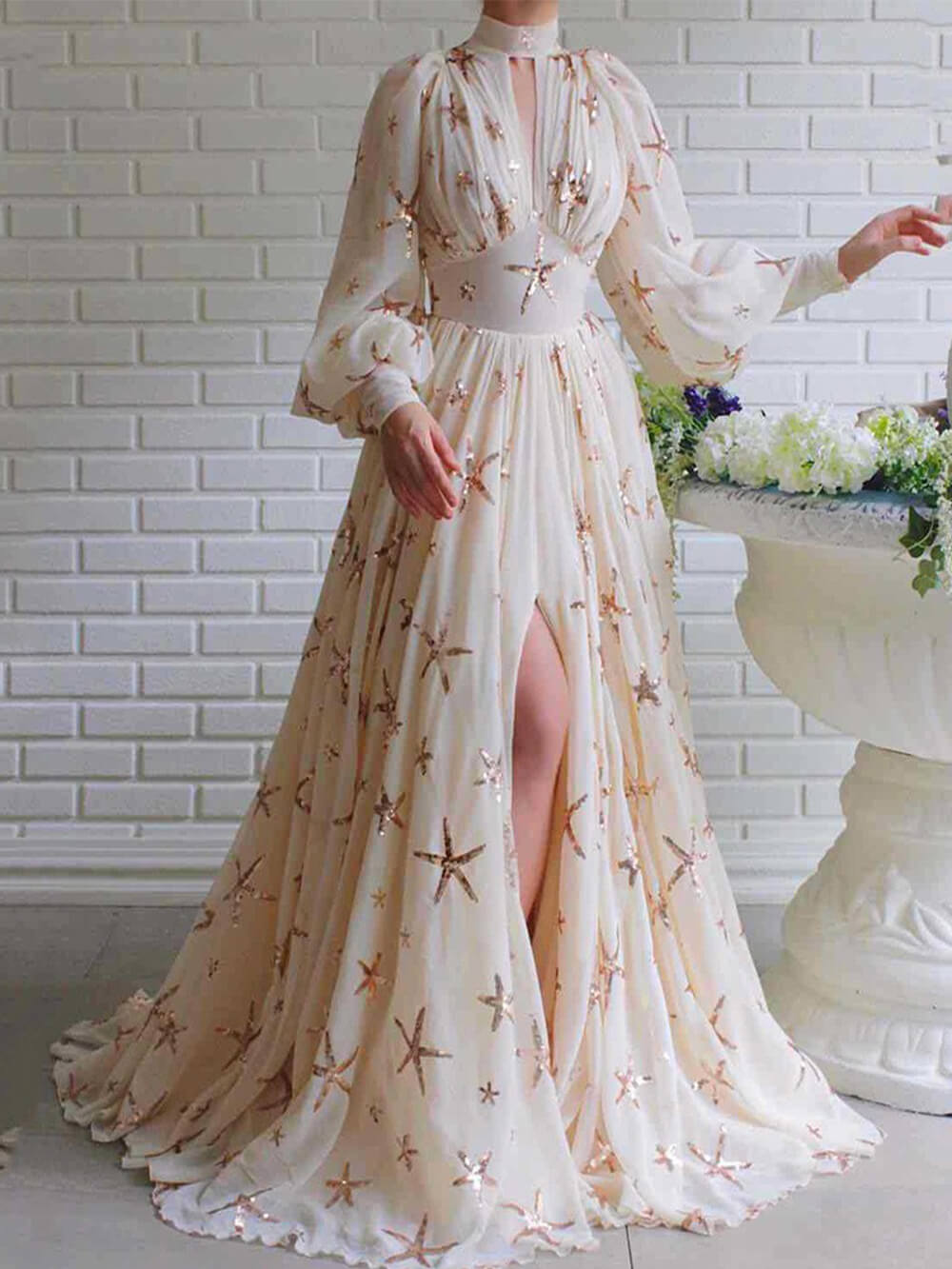 Starfish Sequin Mock Neck Keyhole Lantern Sleeve Side Slit Maxi Dress