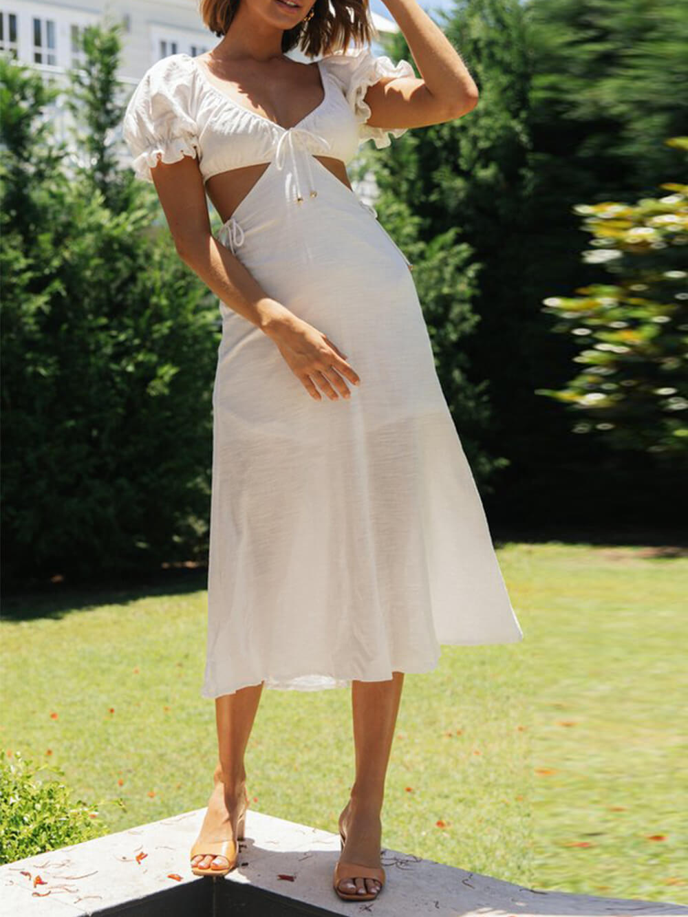 Sweetheart Tie Front Puff Sleeve Side Cutout Waist Midi Dress