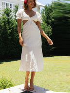 Sweetheart Tie Front Puff Sleeve Side Cutout Waist Midi Dress