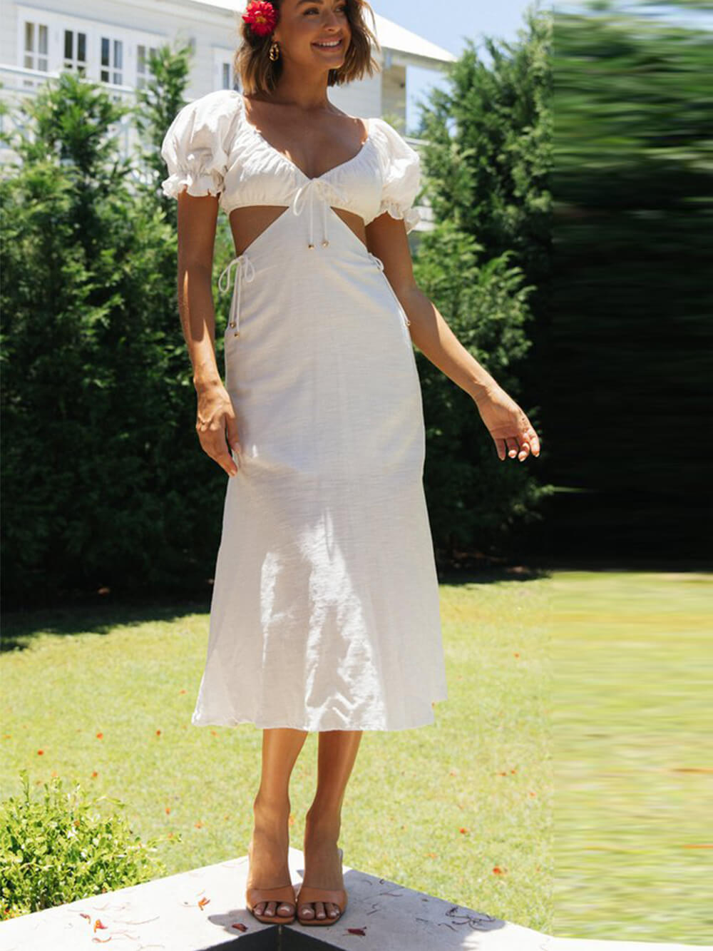 Sweetheart Tie Front Puff Sleeve Side Cutout Waist Midi Dress