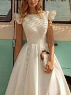 Boat Neck Cap Sleeve Pleated Lace Panel Ruffle Hem A-Line Midi Dress