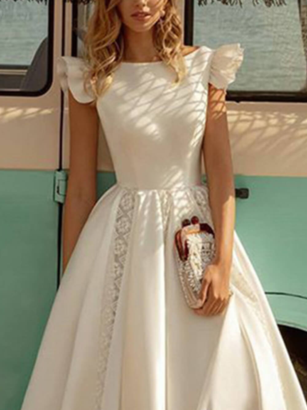 Boat Neck Cap Sleeve Pleated Lace Panel Ruffle Hem A-Line Midi Dress