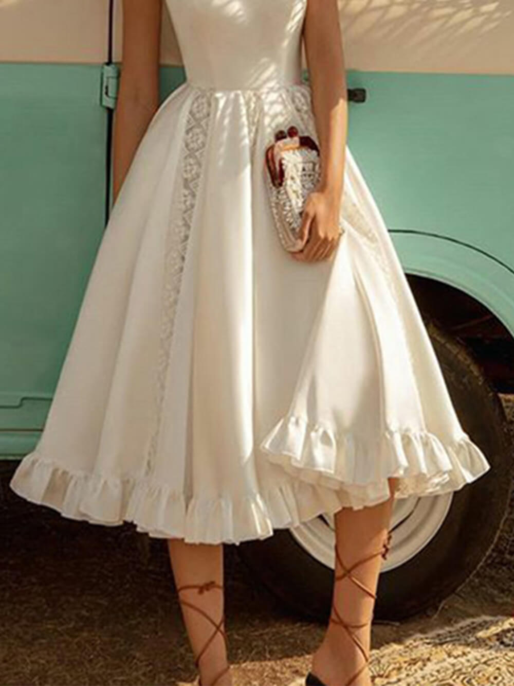Boat Neck Cap Sleeve Pleated Lace Panel Ruffle Hem A-Line Midi Dress