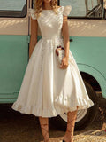 Boat Neck Cap Sleeve Pleated Lace Panel Ruffle Hem A-Line Midi Dress