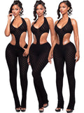 Hollowed-out Perspective Slimming Knitting Deep V Jumpsuits
