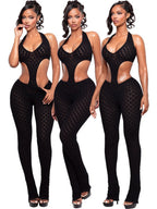 Hollowed-out Perspective Slimming Knitting Deep V Jumpsuits