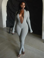 Deep V Backless Tight-fitting, Hip-lifting, Long-sleeved, Solid Color Bodysuits