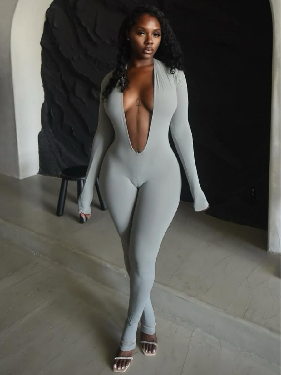 Deep V Backless Tight-fitting, Hip-lifting, Long-sleeved, Solid Color Bodysuits