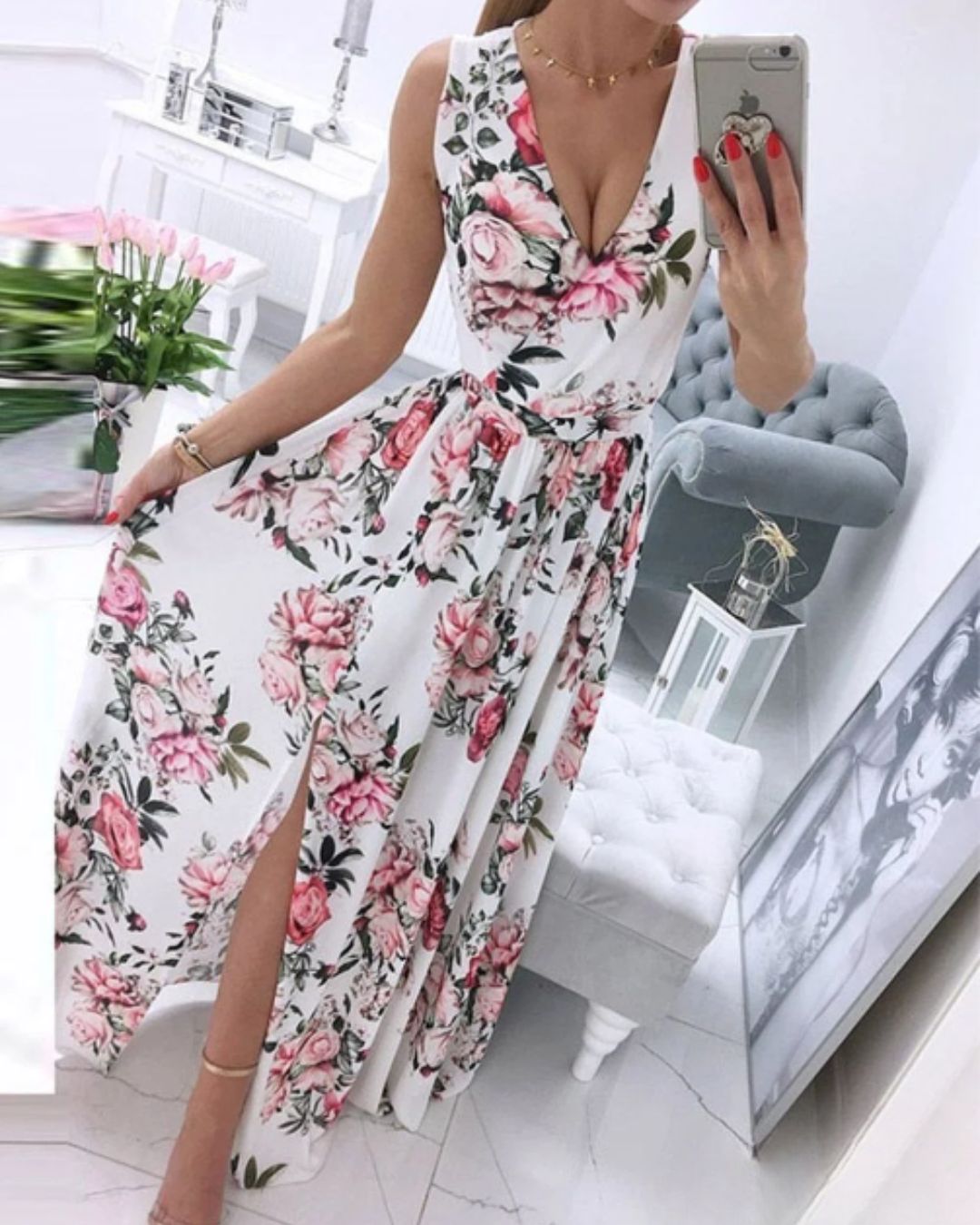 | Sleeveless Beach Dress in Deep V-Neck