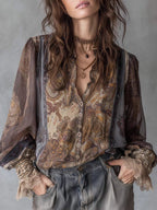 Lace-trimmed Casual Long-sleeved Ramie Shirt