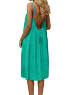Ice Silk Linen Backless Halter Solid Color Midi Dress