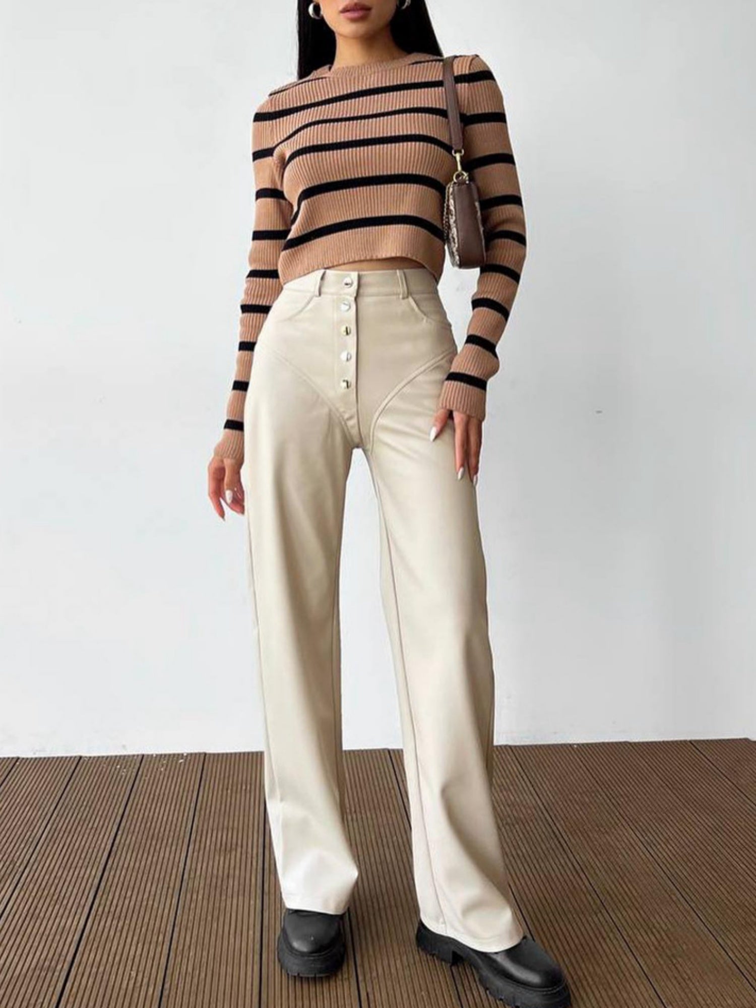PU Leather Buttons High-waisted Straight-leg Pants Pants