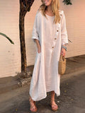 Round Neck, Long Sleeves, Solid Color Cotton And Linen, Irregular Buttons Maxi Dresses