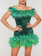 Sequined Backless Off Shoulder Feather Hip Mini&Short Dresses