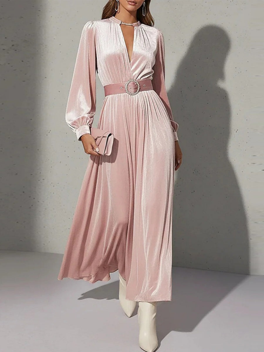 Waist Long Skirt Solid Color V-neck Velvet Long Sleeve Midi Dresses