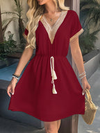 Spliced Waist Corset V-neck Short Sleeve Mini&Short Dresses