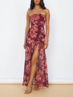 Floral Print Strapless Bandeau High Split Tiered Maxi Dress