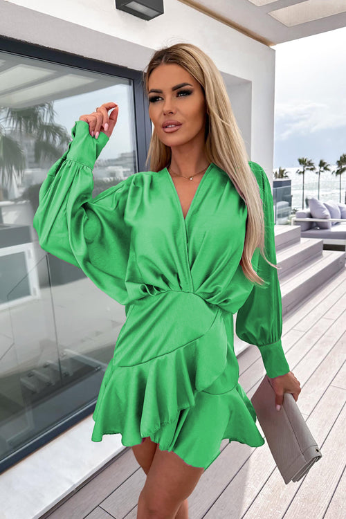 Satin Wrap V-Neck Balloon Sleeve Ruffle Hem Wrap Mini Dress