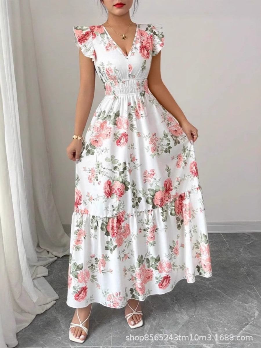 Ruffle Plants And Flowers Printed Long Dress