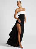 Color-blocked Strapless Backless Waist-cinching And Slit Maxi Dresses