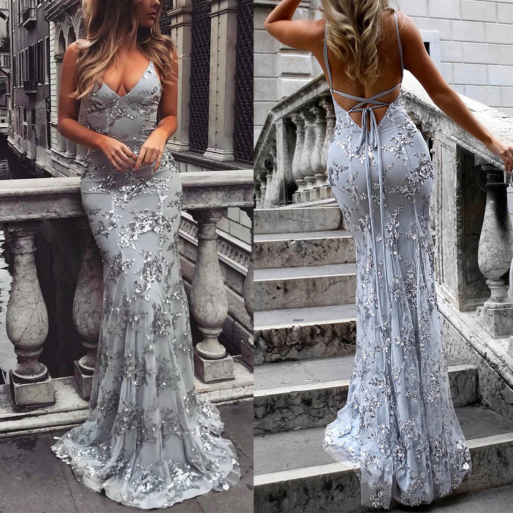 Sequin V Neck Backless Maxi Cami Mermaid Party Dress