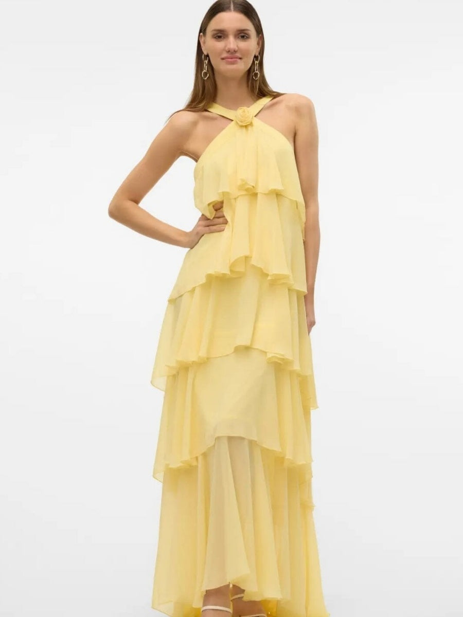 Halter Backless Cake Skirt Pink Yellow Maxi Dress